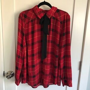 Torrid Betsey Johnson tie neck chiffon blouse plaid button up collared top